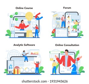 Brand manager online service or platform set. Business specialist create unique design of a company. Brand recognition. Online course, forum, consultation. Isolated flat illustration
