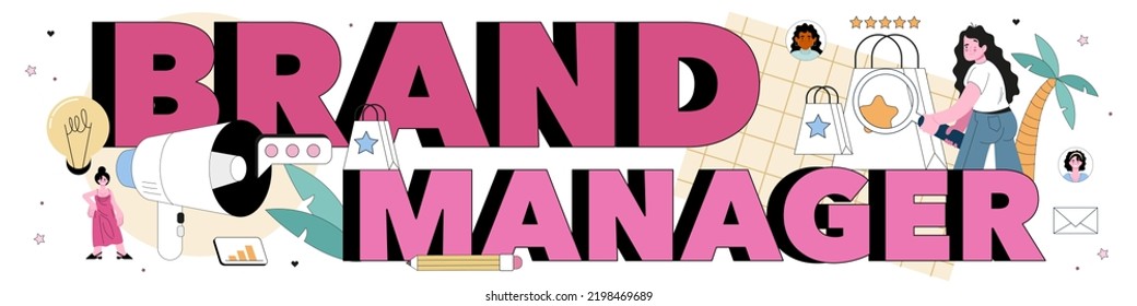 Brand manager typographic header. Specialist developing unique design of a company or product,. Brand recognition as a advertising strategy and promotion. Flat vector illustration
