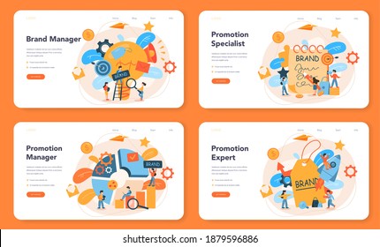 Brand manager web banner or landing page set. Marketing specialist create unique design of a company. Brand recognition as a part of business strategy. Isolated flat illustration