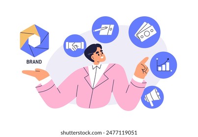 Brand marketing manager. Business growth and development strategy concept. Planning budget, advertising campaign management and positioning. Flat vector illustration isolated on white background