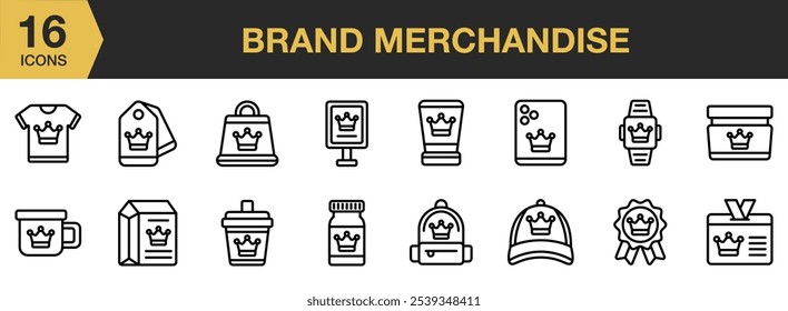 Brand Merchandise icon set. Includes badge, box, billboard, tshirt, case, skincare, cream, and More. Outline icons vector collection.