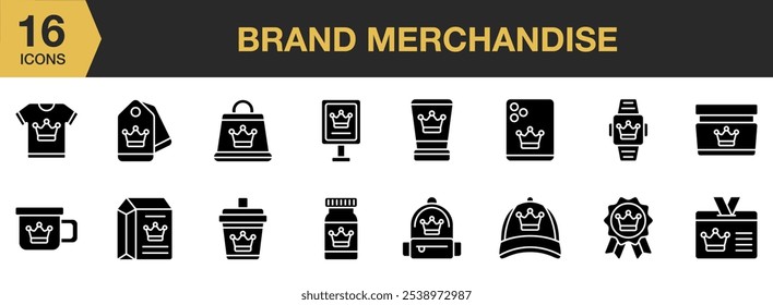 Brand Merchandise solid icon set. Includes glass, hat, shop, watch, and More. Solid icons vector collection.