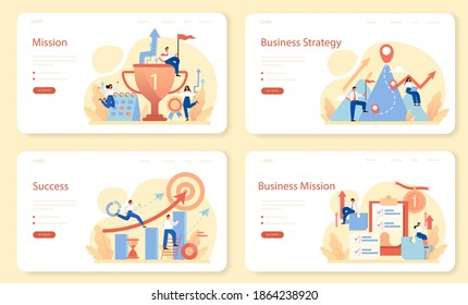 Brand mission web banner or landing page set. Start up development and business identity. Idea of business goal and arrow as a metaphor of achievement and success. Flat illustration