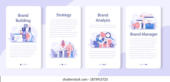 Brand mobile application banner set. Marketing strategy and unique design of a company or product. Brand recognition and comunication as a part of business plan. Isolated flat vector illustration