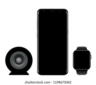 Brand mobile phone black smartphone with smartwatch and speaker vector eps 10