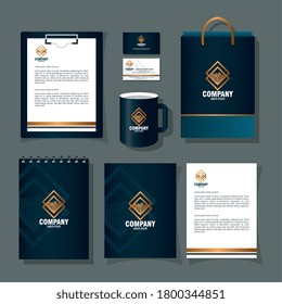 brand mockup corporate identity, mockup of stationery supplies black color with golden sign vector illustration design