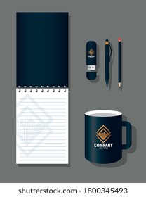 brand mockup corporate identity, mockup stationery supplies color black with golden sign vector illustration design