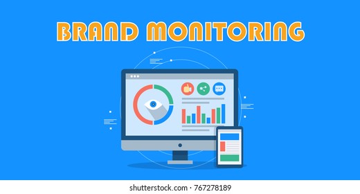 Brand monitoring, Business analytics, Performance, Data analysis flat vector banner with icons
