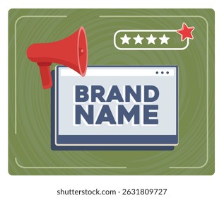 Brand Name concept showcasing brand marketing with a red megaphone, browser window display, and five-star rating on a textured green background.