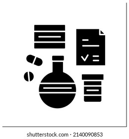 Brand name glyph icon. Name for manufacturer or organization to medical product or service. Tubes, pills and receipt. Pharmacy concept.Filled flat sign. Isolated silhouette vector illustration