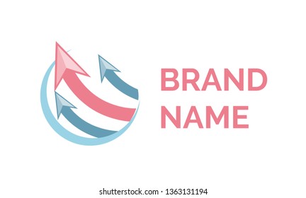 Brand name logo and circle with arrows, flat colorful round icon with rising pointers for company creative design of modern logotype or stamp vector