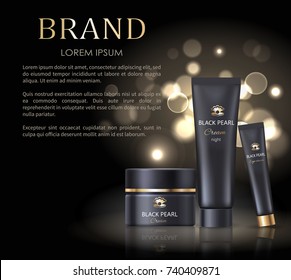 Brand name poster with black night pearl cream, set of cosmetic products for skin, skincare of face and eyes vector isolated on black with splashes