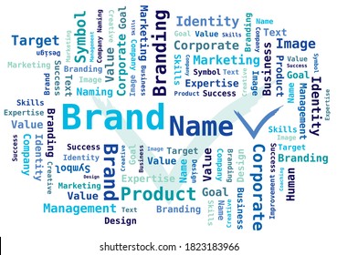 Brand Name - Word Cloud in various Blue Colors with Check Symbol