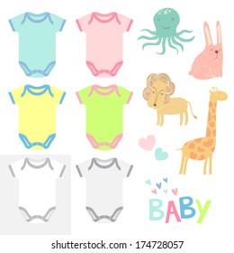 Brand new born baby clothes for boys and girls - in vector with rabbit, giraffe, rabbit, octopus and lion