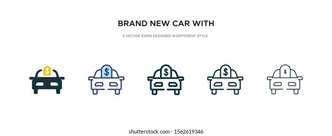 brand new car with dollar price tag icon in different style vector illustration. two colored and black brand new car with dollar price tag vector icons designed in filled, outline, line and stroke