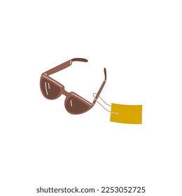 Brand new fashion sunglasses with store tags ready for sale, flat vector illustration isolated on white background. New summer glasses accessories with label.