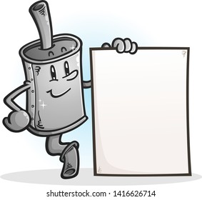 A brand new muffler cartoon holding a blank poster sign for advertising car services