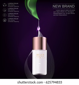 Brand new pattern cosmetic ads, glass bottle drops of essence oil isolated on dark background. Vector illustration.