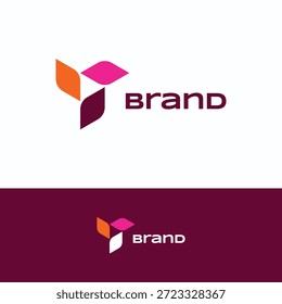 Brand orange, brown, pink leaf logotype. Flat geometric propeller pinwheel creative circle rectangle triangle logo.