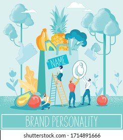 Brand Personality Creation and Development Process. Man Woman Working on Corporate Name, Logotype, Label. Groceries Paper Pack. Management Marketing. Tiny People. Natural Backdrop. Vector Illustration