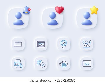 Brand, Phone image and Laptop line icons. Placeholder with 3d bell, star, heart. Pack of Cloud server, Qr code, Tested stamp icon. Image gallery, Seo script pictogram. For web app, printing. Vector