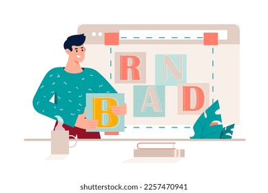 Brand pink concept with people scene in the flat cartoon design. Creative designer is thinking about the idea of creating a brand. Vector illustration.