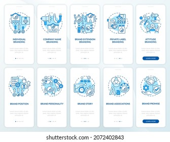 Brand planning blue onboarding mobile app page screen set. Business strategy walkthrough 5 steps graphic instructions with concepts. UI, UX, GUI vector template with linear color illustrations