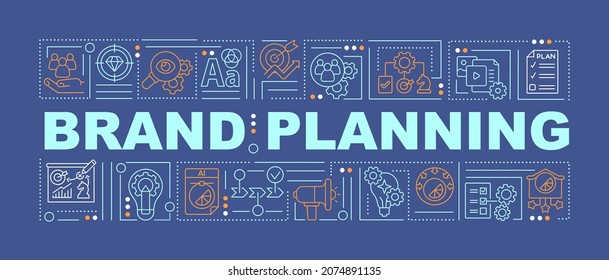 Brand planning dark blue word concepts banner. Promoting business. Infographics with linear icons on blue background. Isolated creative typography. Vector outline color illustration with text
