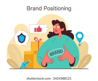 Brand Positioning concept. An illustration presenting strategies to establish brand presence, showcasing reputation and location aspects. Brand protection and appreciation visualized. Flat vector