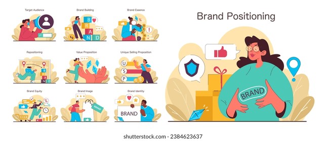 Brand Positioning set. Demonstrates strategies for target audience and value proposition. Showcases repositioning, brand building, and identity. Flat vector illustration