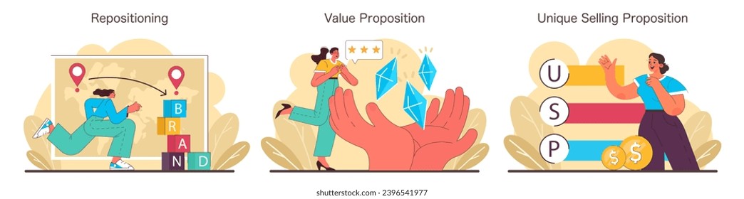 Brand Positioning set. Repositioning with strategy pivot, creating Value Proposition and crafting Unique Selling Proposition. Business branding concepts. Flat vector illustration