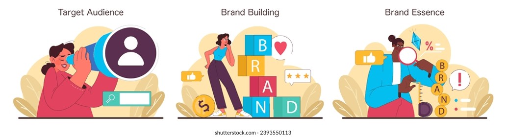 Brand Positioning set. Understanding target audience, constructing brand building, and capturing brand essence. Strategic marketing and visual design guide. Flat vector illustration