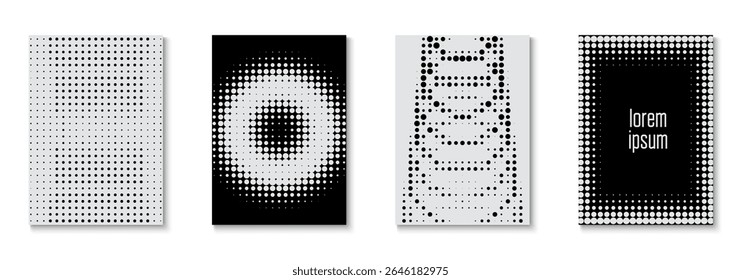 Brand Poster Set. Black Wave Pattern. Graphic Cover. Dots White And Black  Flyer. Color Art With Memphis Elements. Dynamic Elements In 2d Presentation. White Brand Poster