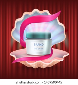 Brand production in shell vector, seashell with container and band. Red curtain background with product inside. Lotion cosmetics for skincare women