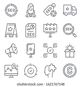 Brand project and Search Engine Optimization related line icon set. Corporate brand style and SEO vector linear icons.