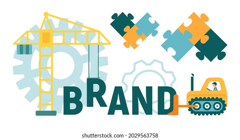 El trabajo en equipo de desarrollo de edificios de promoción de marcas, grúa de construcción y bulldozer recogen letras de la palabra marca. 