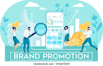 Brand Promotion, Digital Marketing And Social Campaign. People Creative Team Developing, Positioning Company Or Personal Network Account And Engaging With Followers. Vector Illustration