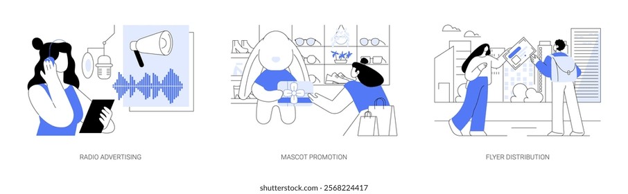 Brand promotion isolated cartoon vector illustrations set. Professional voice actor recording add for radio, person wearing mascot costume promote brand, flyer distribution vector cartoon.