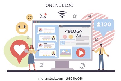 Brand promotion online service or platform. Customer attention and business communication. Marketing and advertising strategy. Online blog. Vector flat illustration