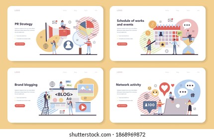 Brand promotion web banner or landing page set. Customer attention and business communication. Marketing and advertising strategy. Network activity, promotion blogging. Vector flat illustration