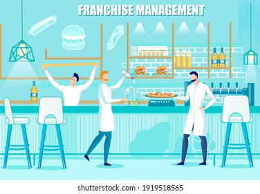 Brand Provides Guidance Management Services for Staff Training and Organization Working Process to Franchise Licence and Rules. People Characters on Cafeteria Background. Flat Vector Illustration.