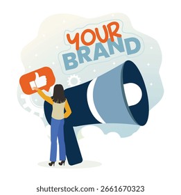 Marke Public Relations abstraktes Konzept. Eine Frau nutzt ein Megaphon, um das Branding zu fördern und das digitale Marketing zu steigern.