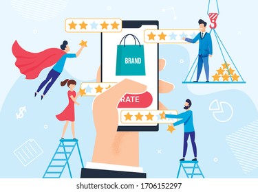 Brand Rating And Reputation Management Metaphor. Huge Human Hand Holding Phone With Trademark Logotype. Client, Viewer, User Giving Feedback. Customer Experience Optimization. Vector Illustration