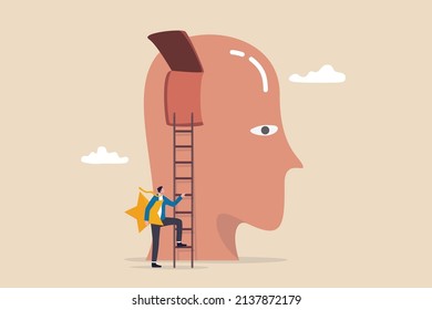 Brand Recognition, Marketing Idea To Launch Ads And Advertising, Commercial Trademark Or Brand Loyalty, Consumer Recognize Brand, Businessman Holding Star Climb Up Ladder To Put Into Consumer Brain.