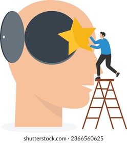 Brand recognition, Marketing idea to launch ads and advertising, Commercial trademark or brand loyalty, Consumer recognize brand,  Holding star climb up ladder, Put into consumer brain

