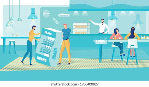 Brand Representatives Supply Branded Equipment to Cafe or Restaurant in accordance with Franchise License and Corporate Requirements to Interior Decoration. Flat Cartoon Vector Illustration.