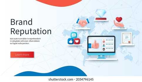 Brand Reputation Banner. Computer With User Reviews On Screen. Like, Reputation, Prestige, Social Media, Authentic Icons. Business Concept. Web Vector Landing Page Template In 3D Style