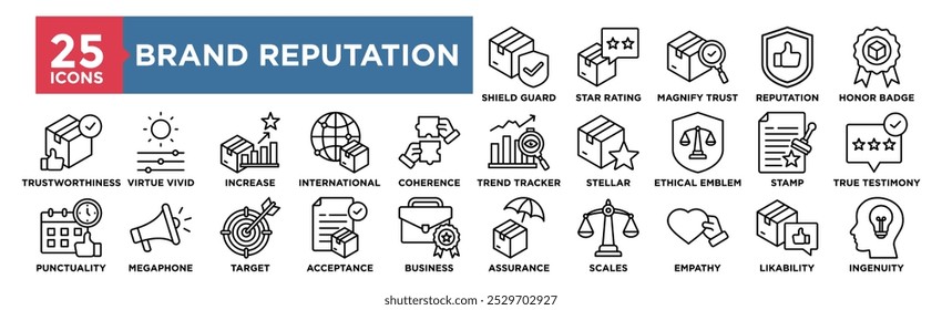 Conjunto de coleção de ícones de Reputação da Marca. Contendo reputação, estratégia, cliente, marca, gerenciamento, marketing do projeto