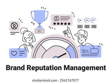 Brand reputation management concept with people trophy stars reviews and gauge minimalist hand drawn