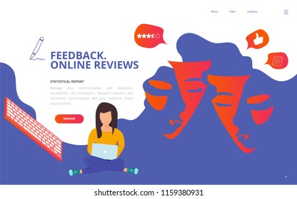 Brand reputation management concept vector illustration. Customer feedback online review site landing page wireframe. Brand reputation report client survey presentation template.